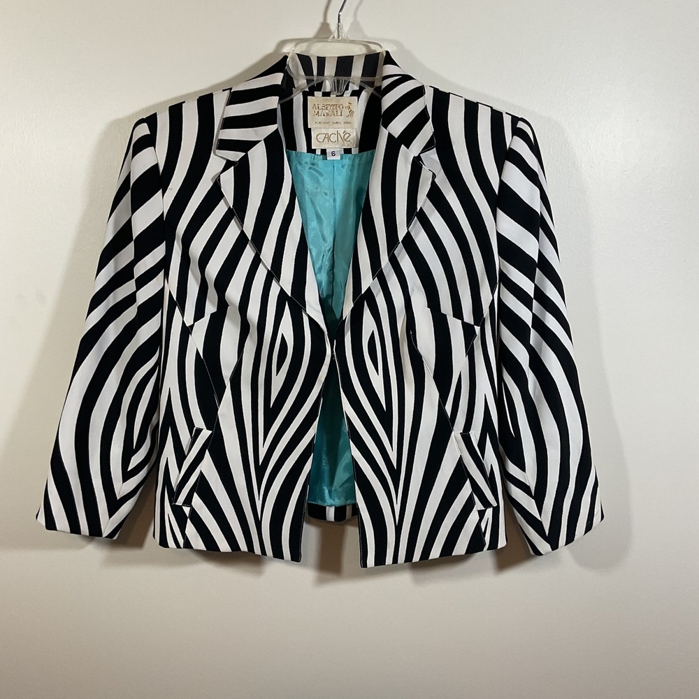 Alberto Makali Cache Vintage Zebra Print Cropped Blazer Jacket 6 Black White Y2K